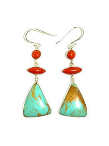 Sterling Silver, Turquoise and Coral Drop Earrings