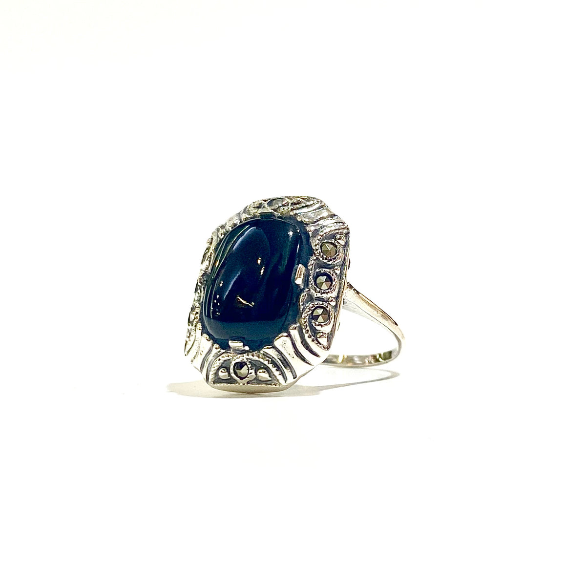 Sterling Silver Marcasite and Black Onyx Ring