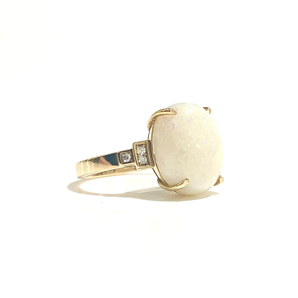 9ct Yellow Gold Solid White Opal and Diamond Ring