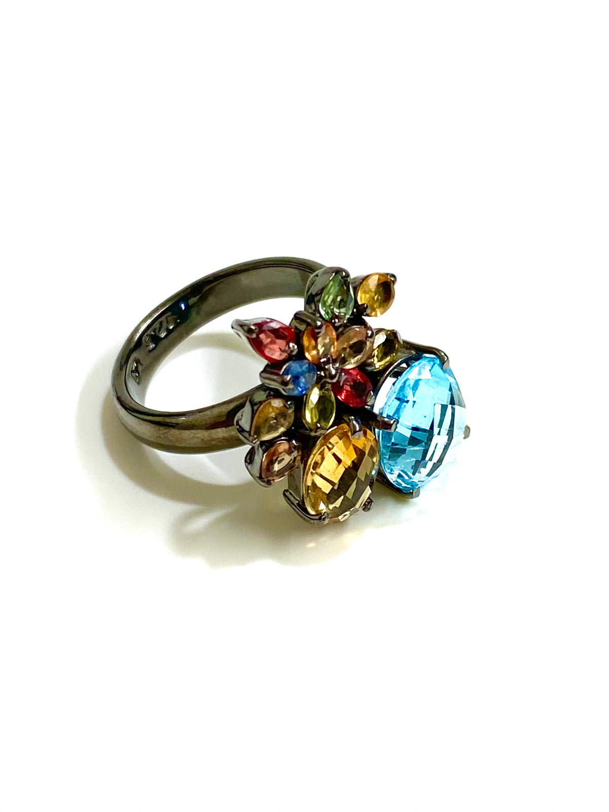 Sterling Silver Black Rhodium Plate Topaz Citrine Garnet Peridot Flower Cluster Ring
