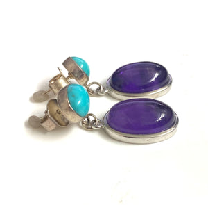 Sterling Silver Turquoise and Cabochon Amethyst Earrings