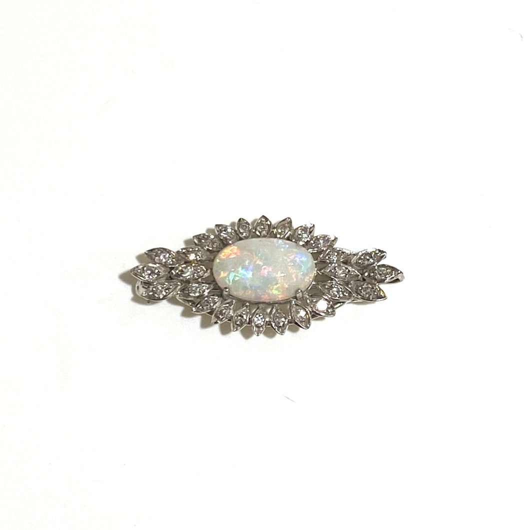 18ct White Gold Solid Opal and Old Cut Diamond Brooch