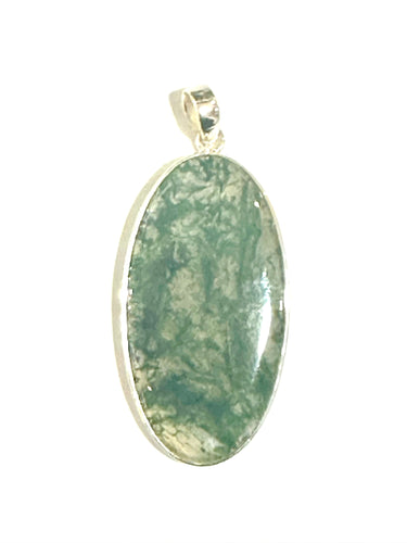 Large Oval Sterling Silver Moss Agate Pendant