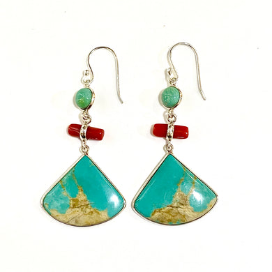 Sterling Silver Turquoise and Coral Quadrant Drop Earrings