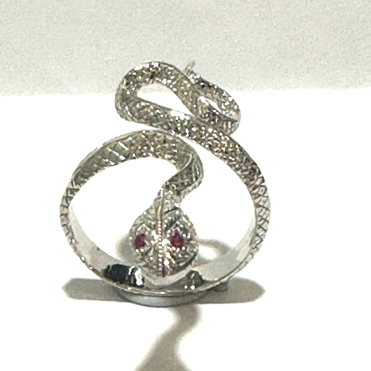 9ct White Gold Snake Ring with Ruby Eyes