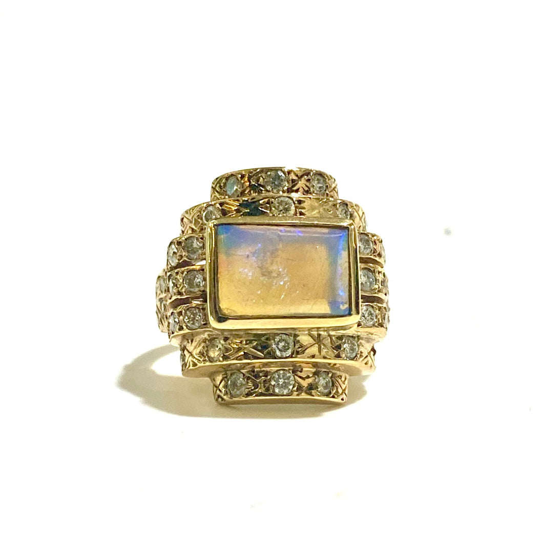 9ct Yellow Gold White Opal and Diamond Ring