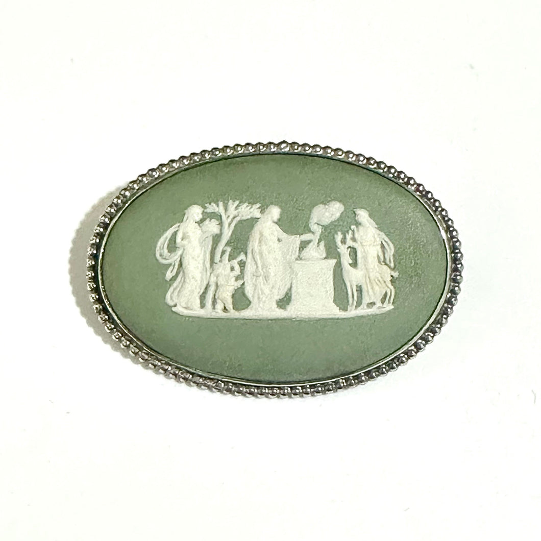 Vintage Sterling Silver Sage Green Wedgwood Porcelain Brooch