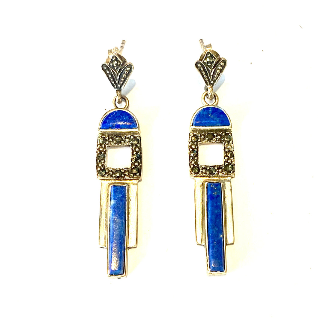 Sterling Silver Lapis Lazuli and Marcasite Earrings
