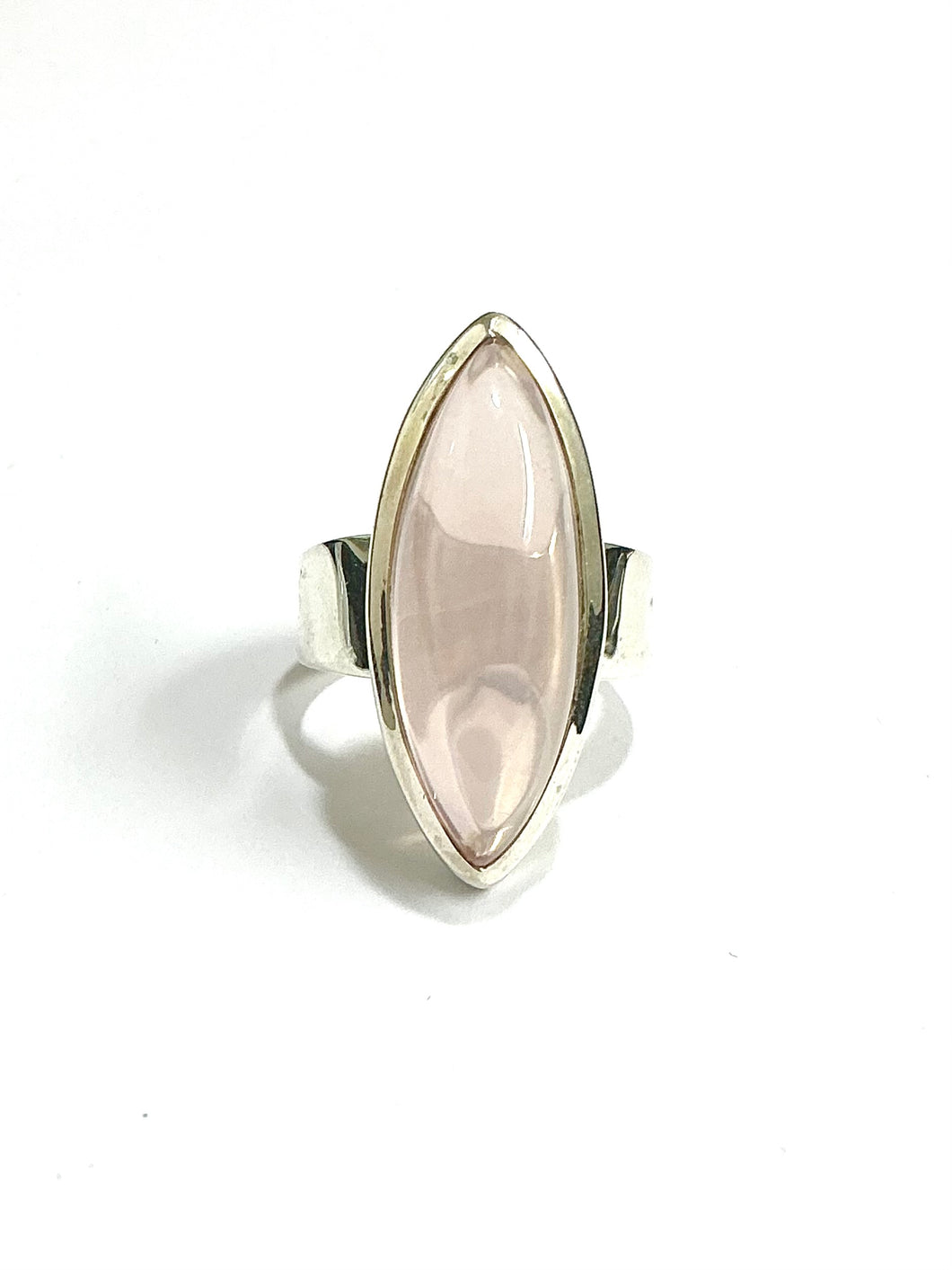 Long Oval Cabochon Rose Quartz Sterling Silver Ring