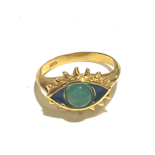 Sterling Silver Brass Gemstone and Enamel Evil Eye Ring