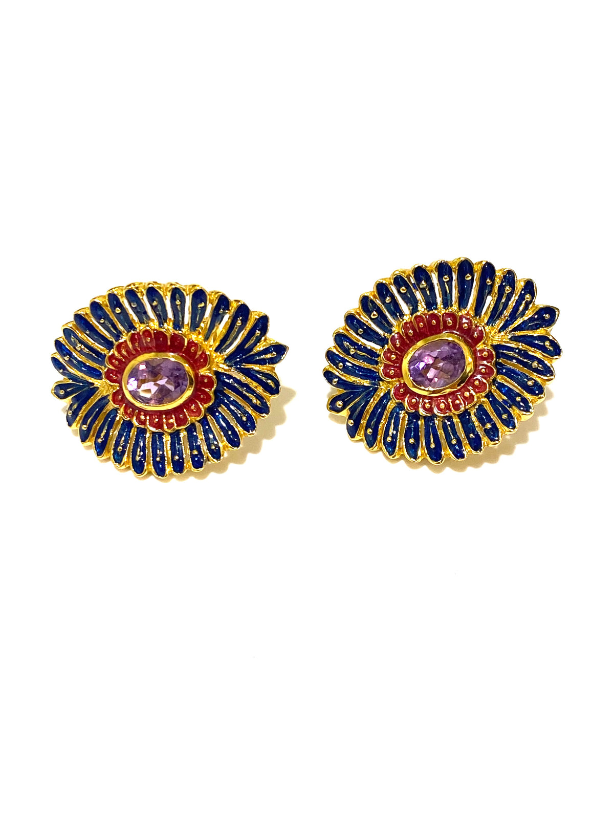 Gemstone and Blue and Red Enamel Earrings