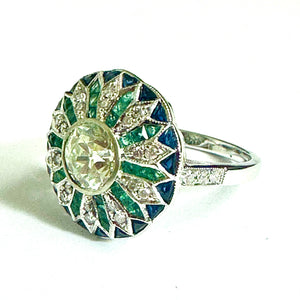 9ct White Gold Diamond, Emerald and Sapphire Ring