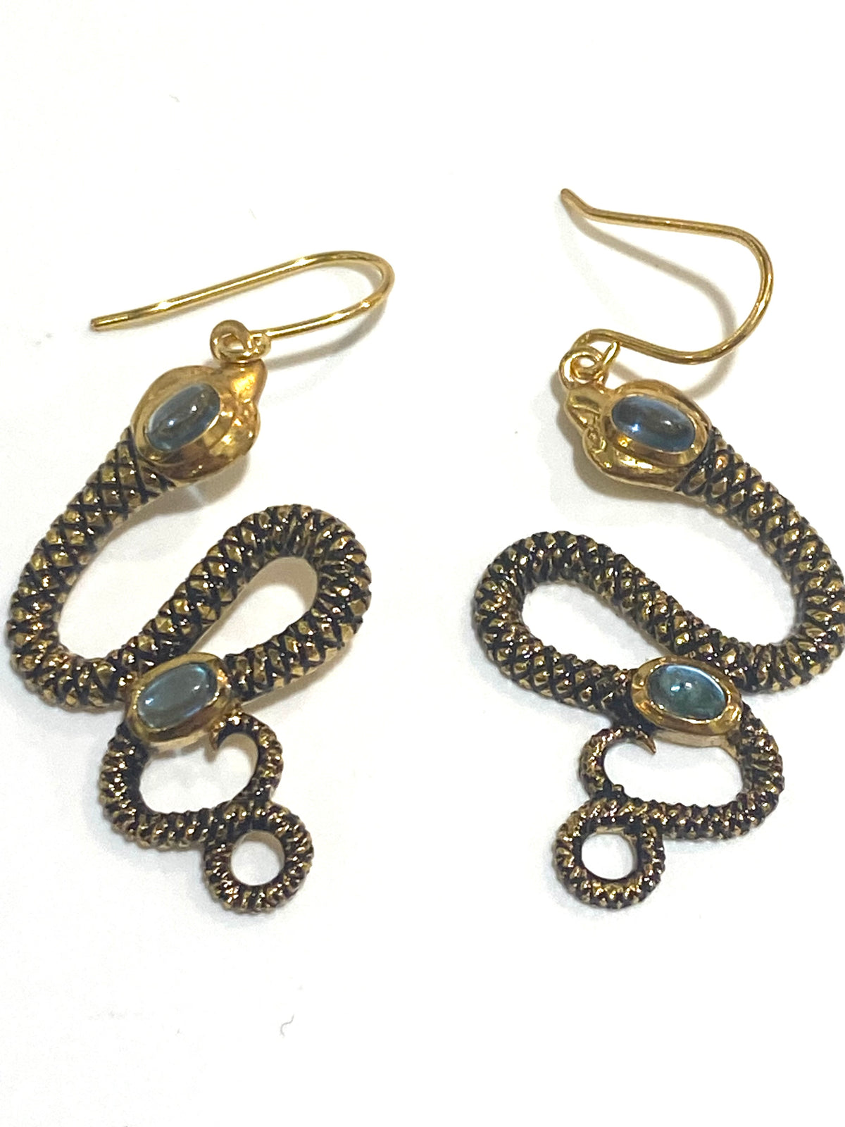 Enamel, Topaz and Brass Snake Earrings