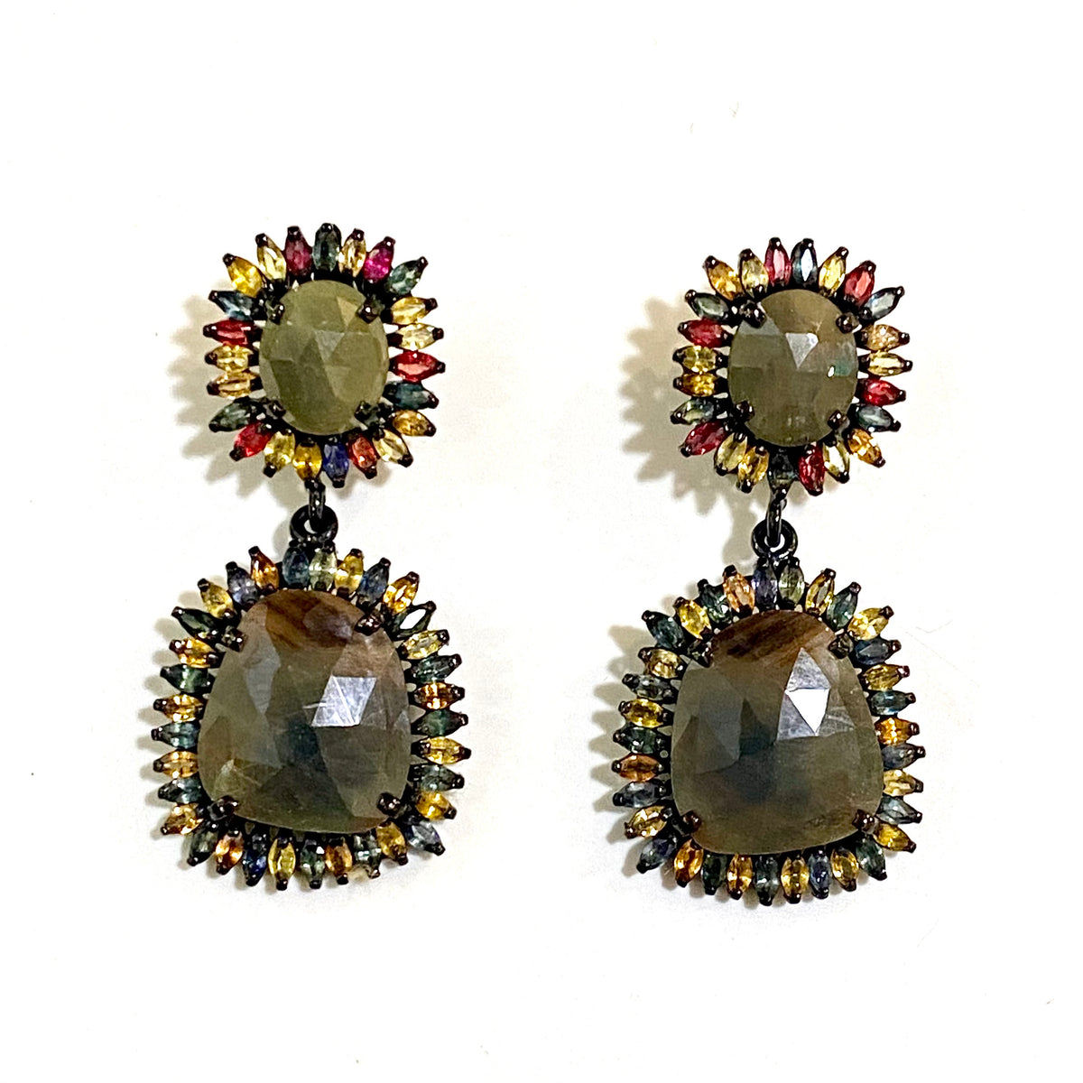 Sterling Silver Black Rhodium Plated Multi-Coloured Sapphire Stud Drop Earrings
