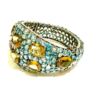 Sterling Silver Blue Topaz and Citrine Multiset Hinged Bangle