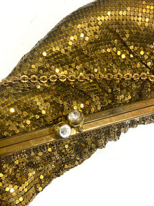 Gold Mesh Whiting & Davis Evening Bag with Crystal Clip and Chain