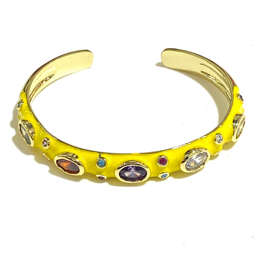 Yellow Enamel, Crystal and Brass Cuff