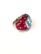 Sterling Silver Red Enamel, Blue Topaz and CZ Ring