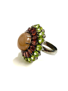 Sterling Silver Black Rhodium Plate Moonstone Garnet and Peridot Ring