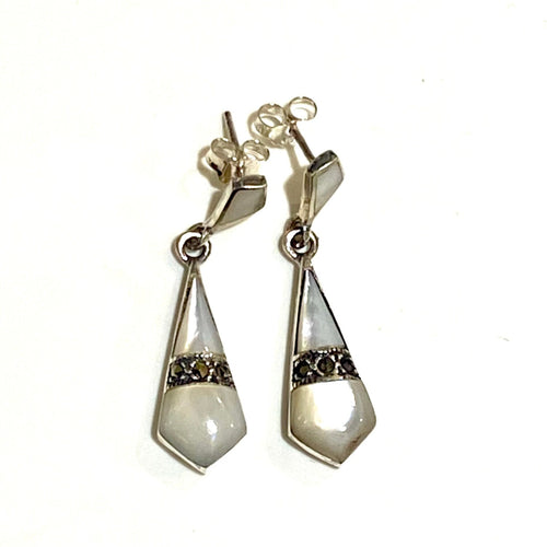 Sterling Silver Marcasite Mother of Pearl Drop Earrings