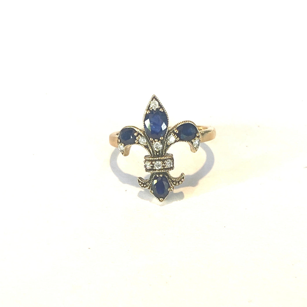 9ct Gold Sapphire and Diamond Fleur de Lis Ring