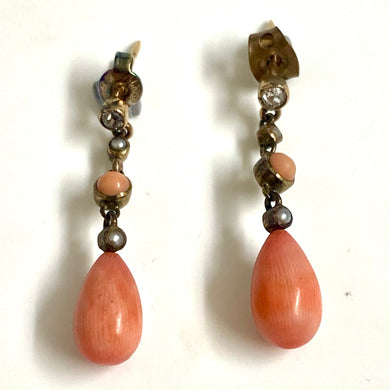 9ct Gold Coral, Diamond and Seed Pearl Stud Drop Earrings