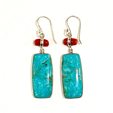 Sterling Silver Turquoise and Coral Rectangular Drop Earrings