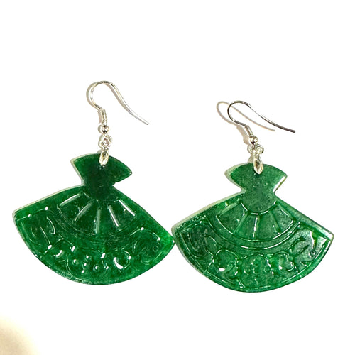 Sterling Silver Carved Fan Shaped Dark Green Hook Drop Earrings