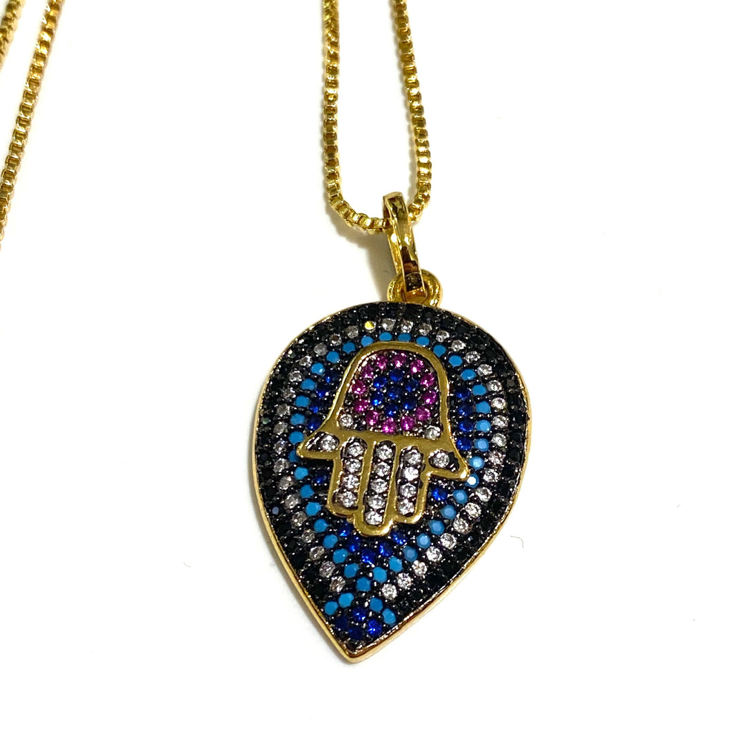 Sterling Silver Gold Plate and Crystal Hamsa Hand Necklace