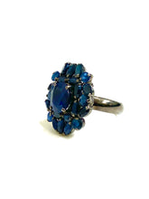 Sterling Silver Black Rhodium Plate Flower Blue Sapphire Ring