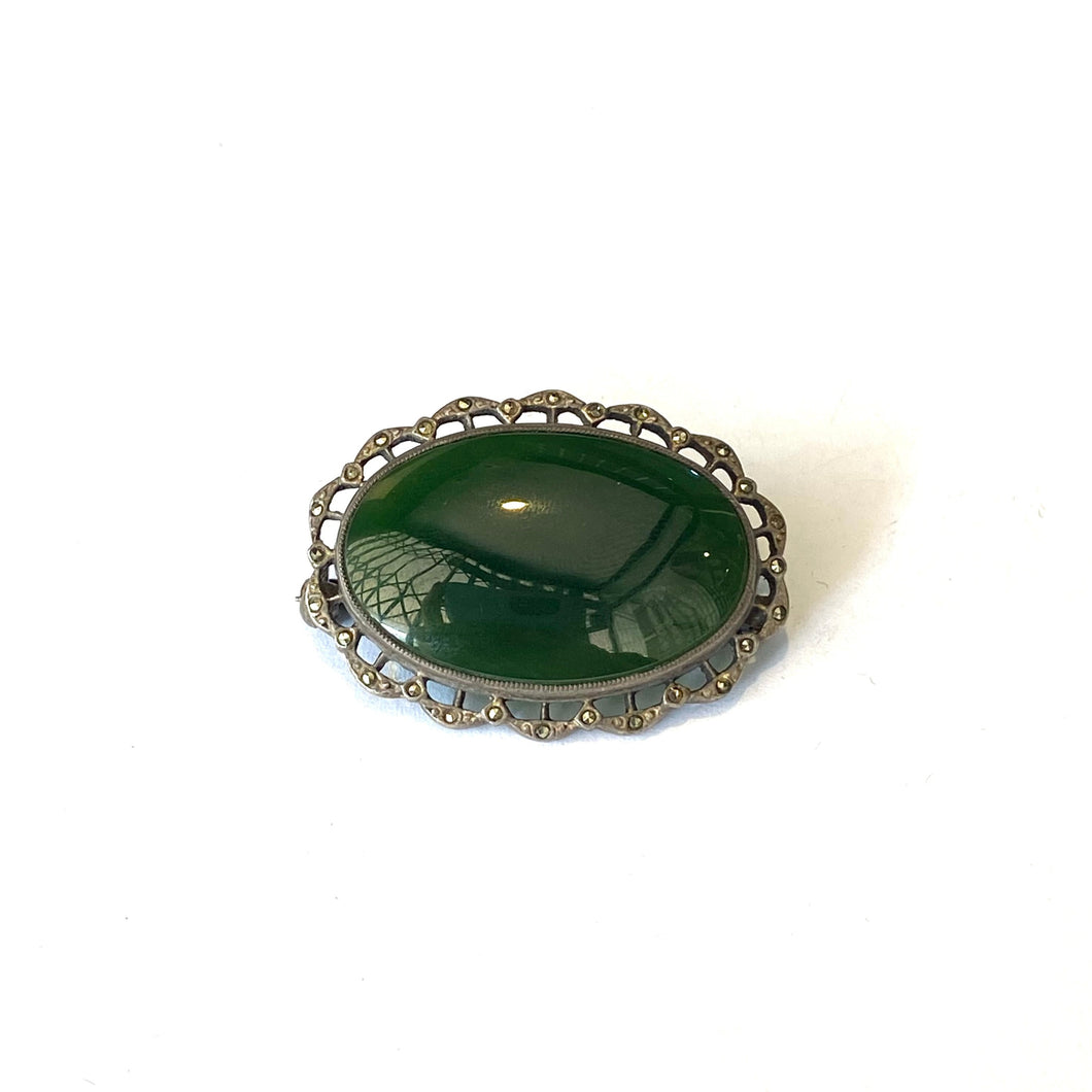 Sterling Silver Jadeite and Marcasite Brooch