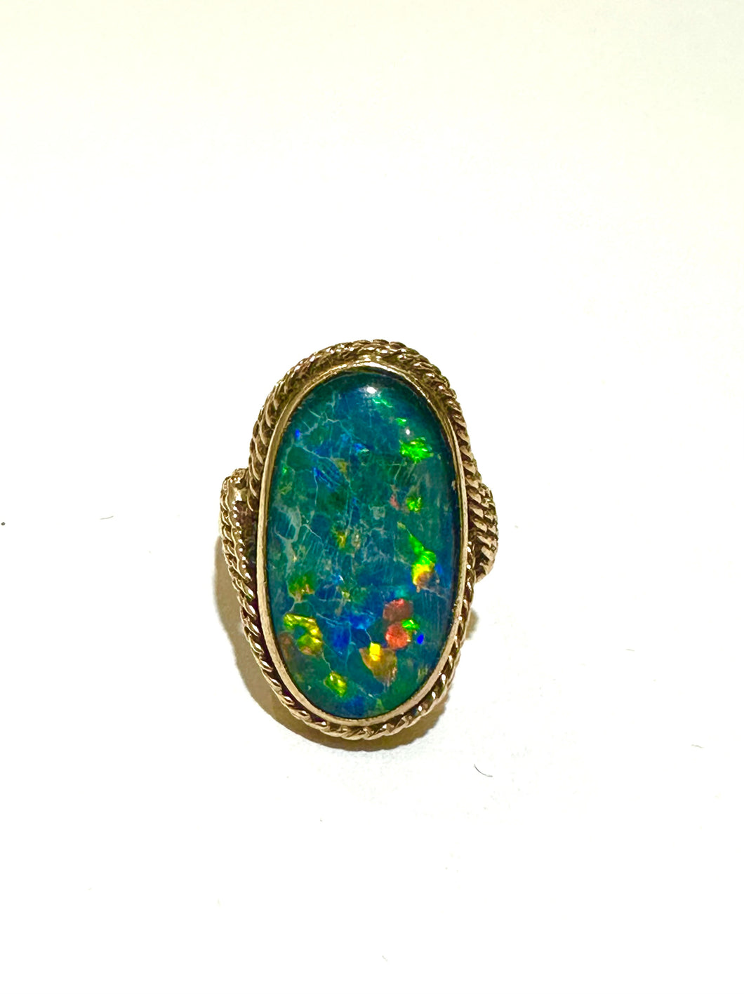 9ct Gold Black Opal Doublet Ring with Red Flashes