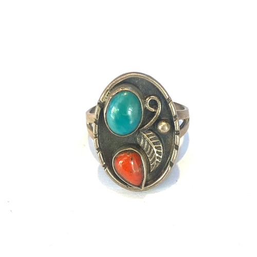 Sterling Silver Turquoise and Coral Ring