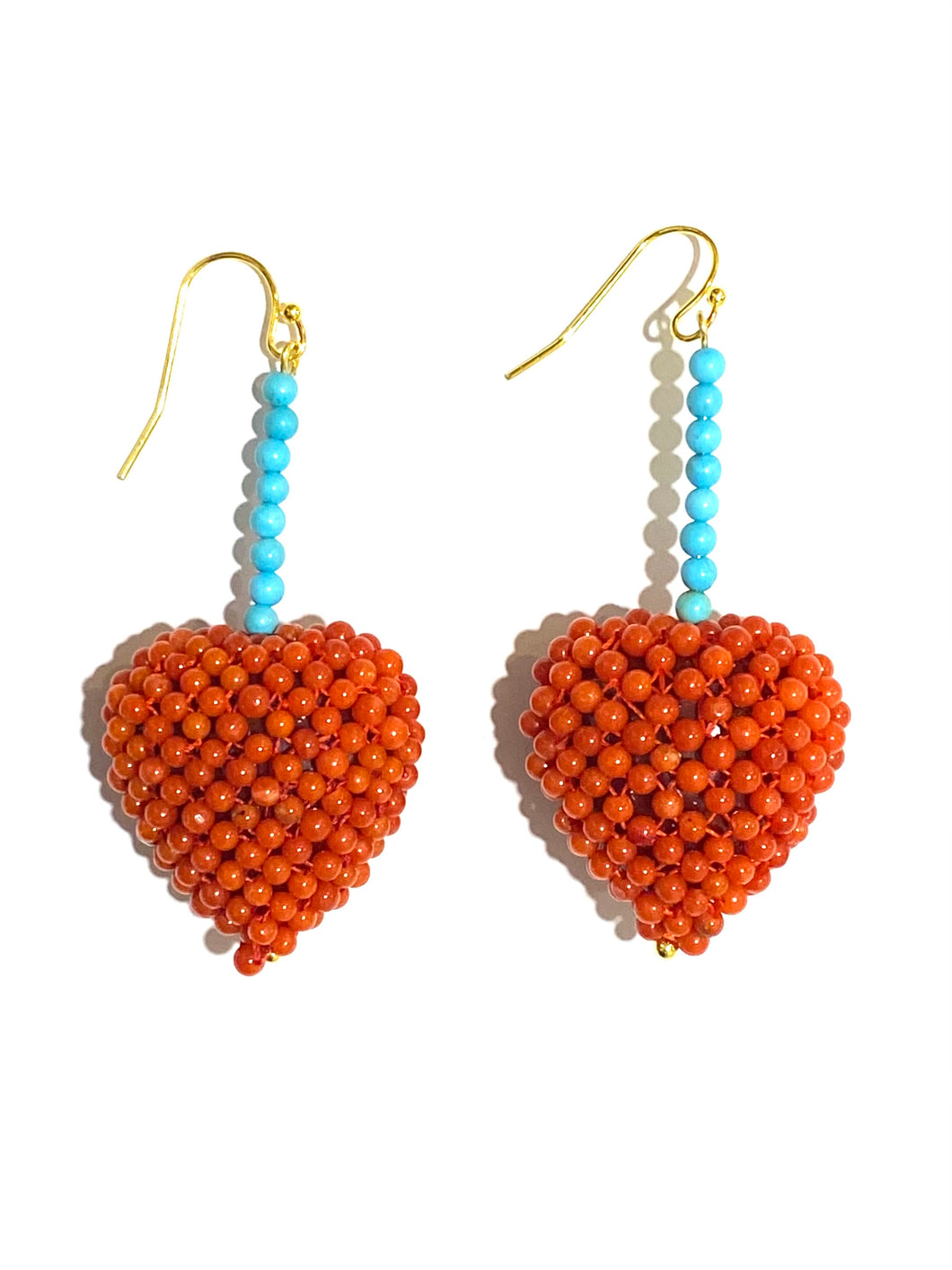 Natural Momo Coral and Turquoise Heart Beaded Earrings