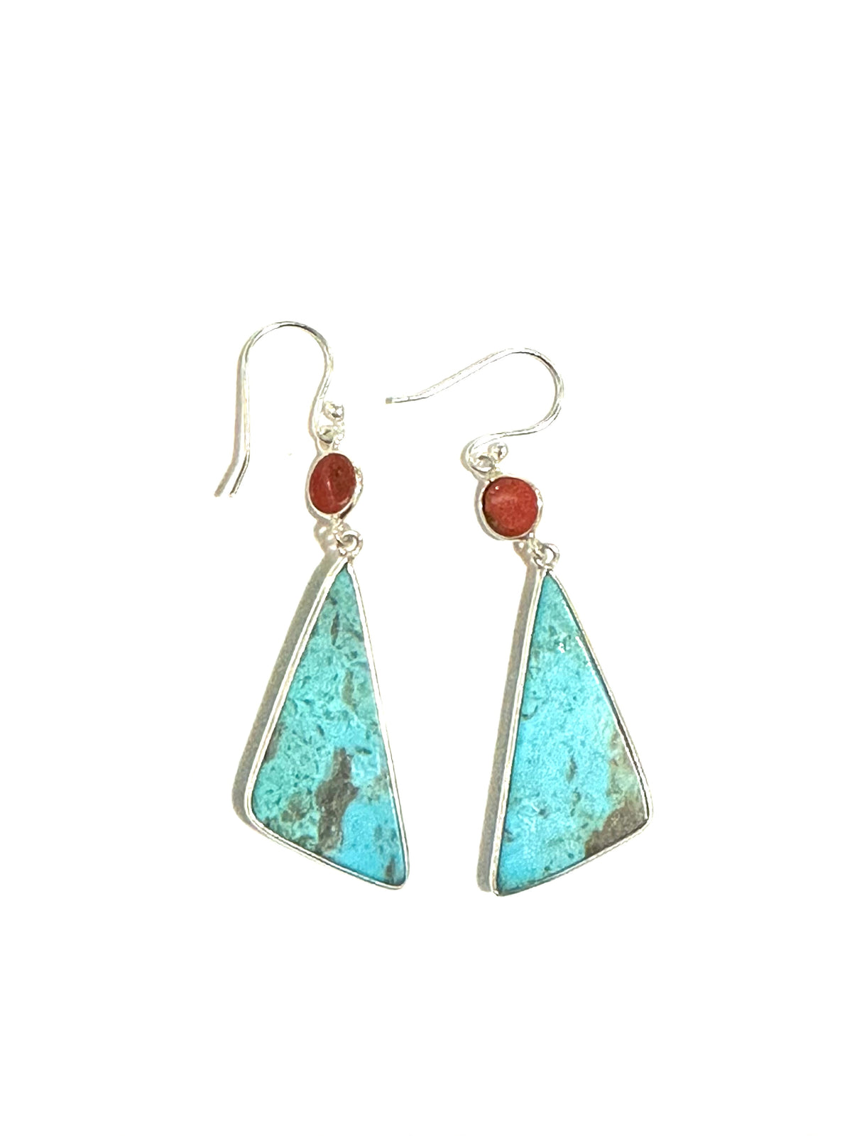 Sterling Silver, Turquoise and Coral Kite Shaped Drop Earrings