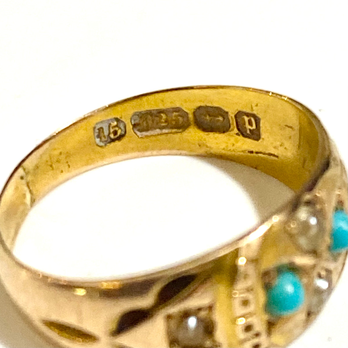 Antique 15ct Yellow Gold Turquoise and Seed Pearl Ring