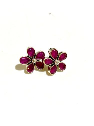 Sterling Silver Ruby Flower Stud Earrings