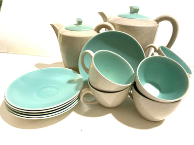 Set of Aqua-Coloured Fine Bone China Teacups, Saucers, and Teapots