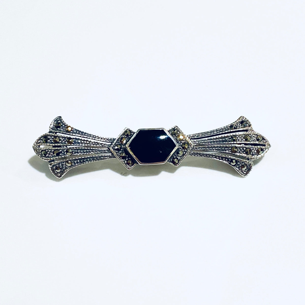 Sterling Silver Marcasite Onyx Brooch