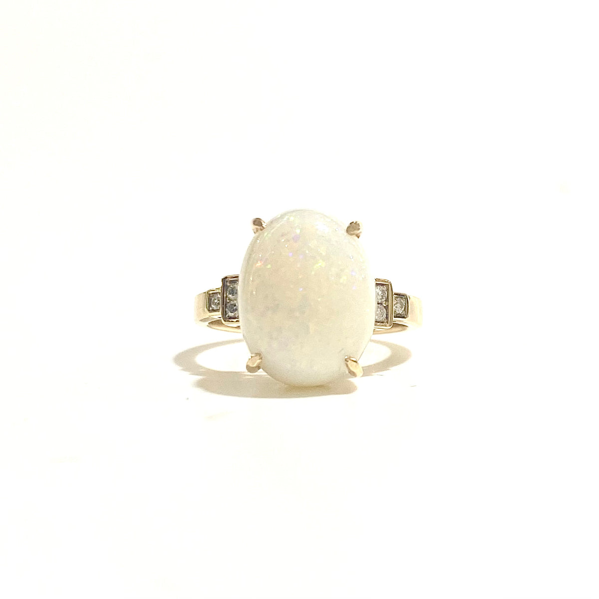 9ct Yellow Gold Solid White Opal and Diamond Ring