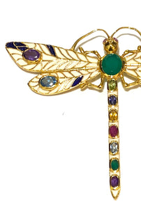 Sterling Silver Brass Plated 18ct Gold Gemstone and Enamel Dragonfly Brooch