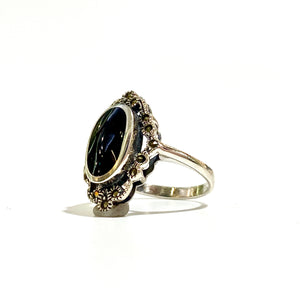 Sterling Silver Black Onyx and Marcasite Ring