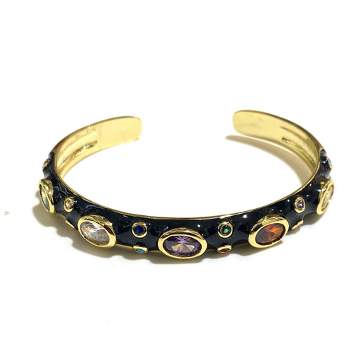 Black Enamel, Crystal and Brass Cuff