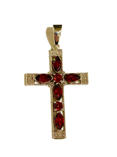 Sterling Silver Large Garnet Cross Pendant