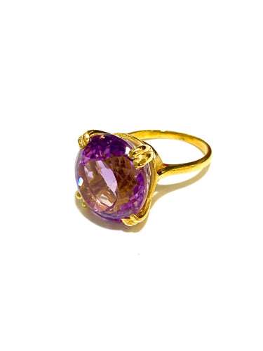 9ct Yellow Gold Faceted Claw Set Amethyst Ring