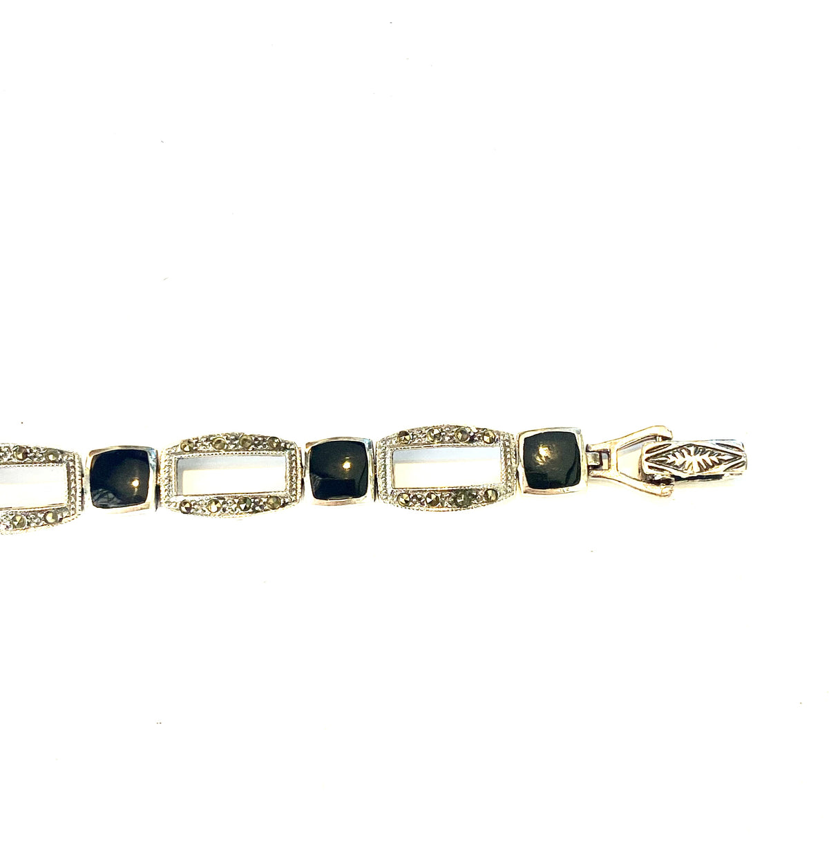 Sterling Silver Square Onyx and Marcasite Bracelet