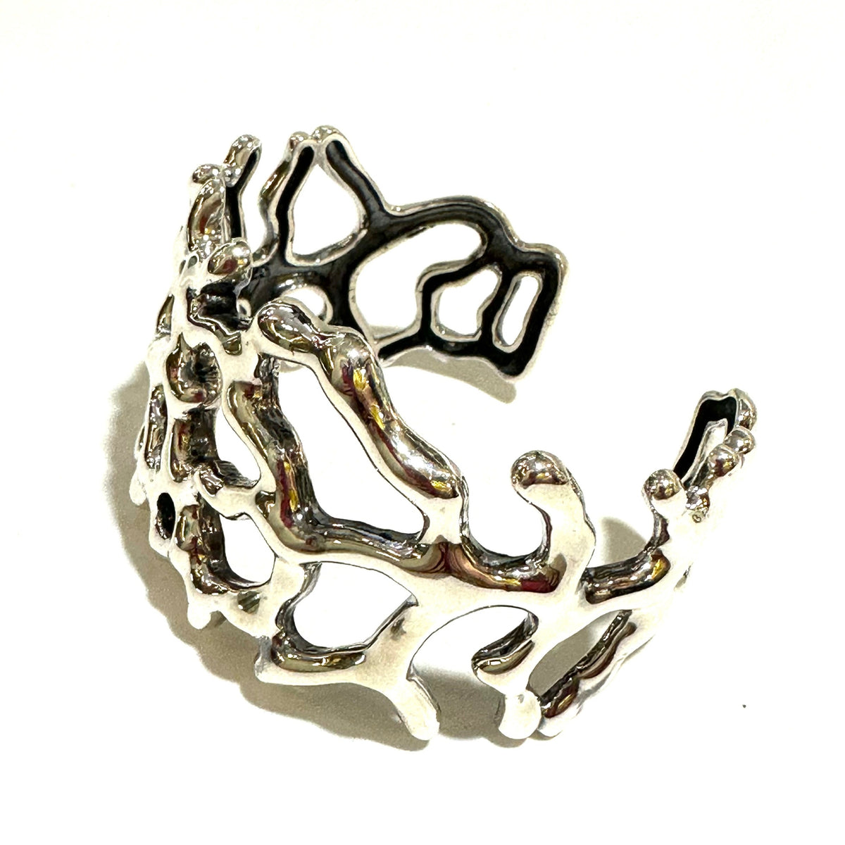 Sterling Silver Solid Cuff Bangle with Open Cut Coral Design