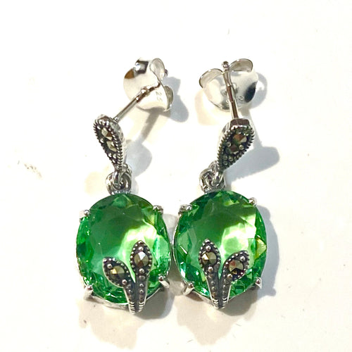 Sterling Silver Green Crystal Marcasite Stud Drop Earrings