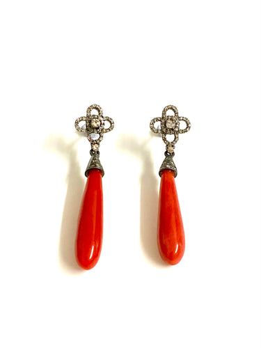 Rhodium Plated Diamond Momo Coral Drop Earrings