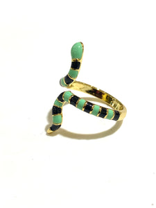 Green and Black Enamel and Brass Snake Ring
